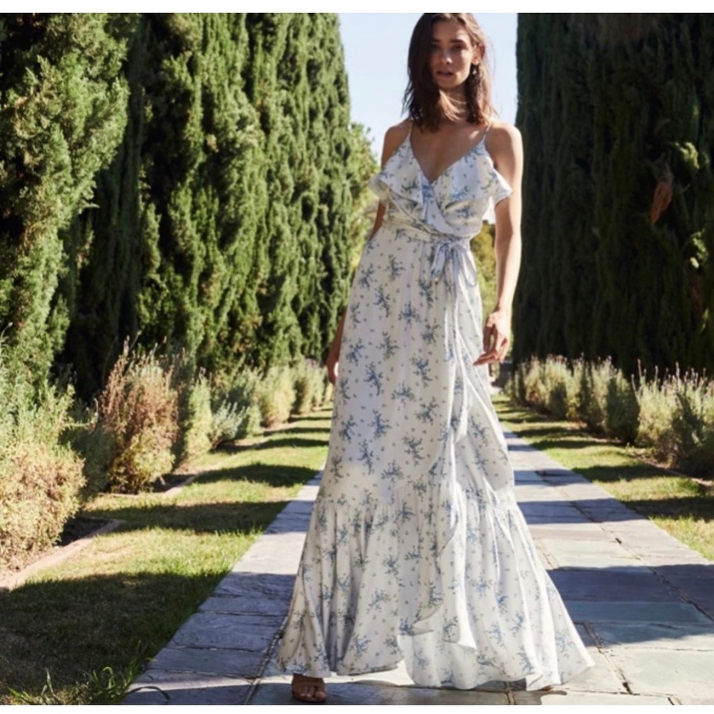 WAYF Blue Floral Satin‎ Wrap Maxi Dress Ruffle V-Neck White Size S Wedding Guest